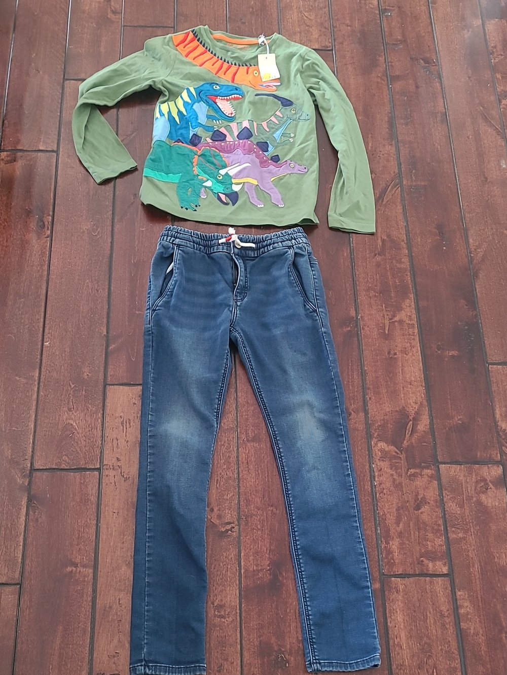 Boden Boys Green Dinosaur Blue Jeans Set Size 9-10 years